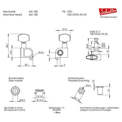 SCHALLER M6 180 VC 3L3R Machine Heads ギター用ペグ 6個セット 寸法図