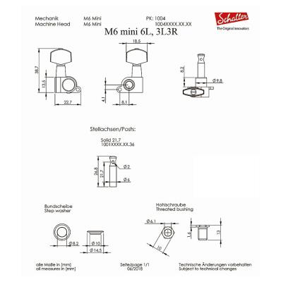 SCHALLER M6 mini CH 3L3R ギター用ペグ 6個セット 寸法図
