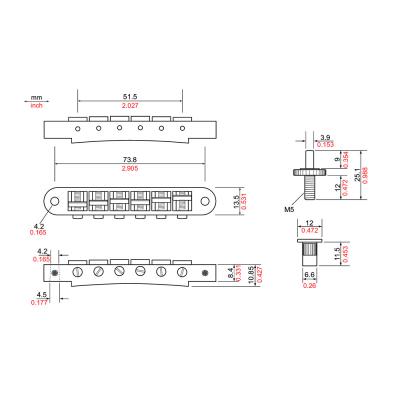 TonePros TP6-B Standard Tuneomatic Bridge ブラック ギター用ブリッジ 寸法図