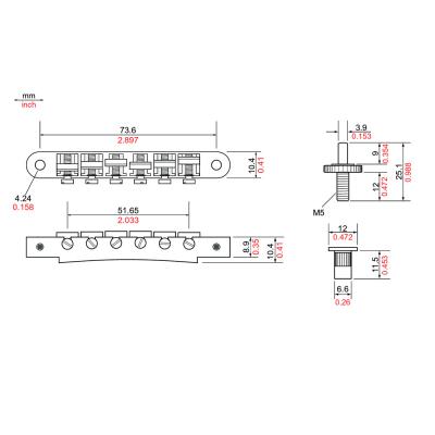 TonePros NVR2-C AVR2 with Standard Nashville Post Tuneomatic クローム ギター用ブリッジ 寸法図