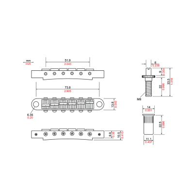 TonePros T3BT-SN Metric Tuneomatic サテンニッケル ギター用ブリッジ 寸法図