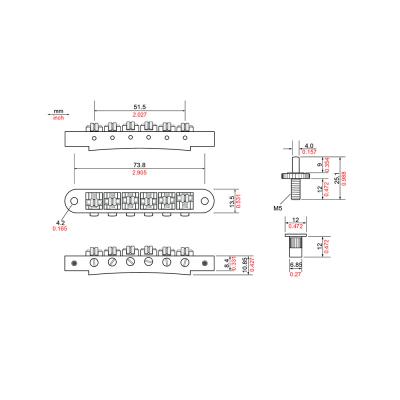 TonePros TP6R-N Standard Tuneomatic small posts Roller saddles ニッケル ギター用ブリッジ 寸法図