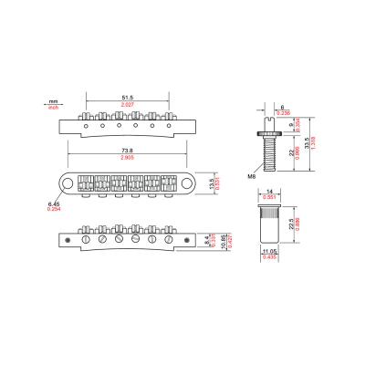 TonePros TPFR-G Metric Tuneomatic Large Posts Roller Saddles ゴールド ギター用ブリッジ 寸法図