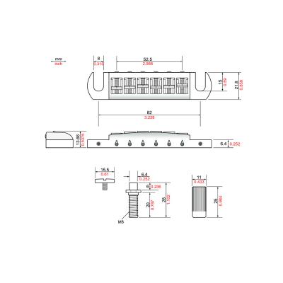 TonePros AVT2M-G Wraparound Set w/MSPRS Locking Studs ゴールド ギター用ブリッジ 寸法図