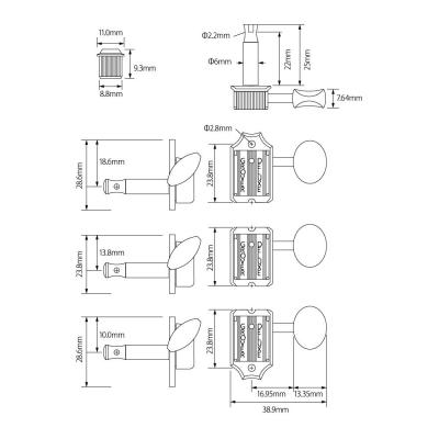 GROVER 133G6 Gold Deluxe Guitar Machines 133 Series ギター用ペグ 寸法画像 サイズ詳細画像 イラスト