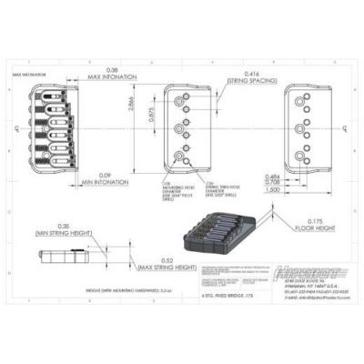 HIPSHOT 6 String Fixed Guitar Bridge Chrome 0.175 ギター用ブリッジ サイズ表