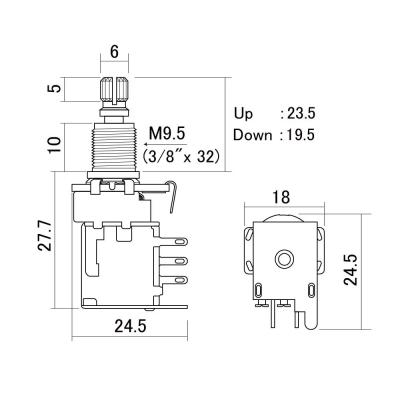 SCUD スカッド PUSHPUSH-500B 500KΩ Bカーブ ミリサイズ プッシュ-プッシュ ポット サイズ図画像