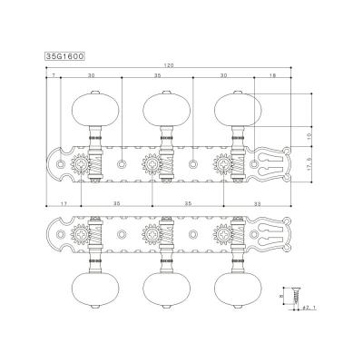GOTOH ゴトー 35G1600-1W-Gold クラシックギター用ペグ ゴールド 寸法図