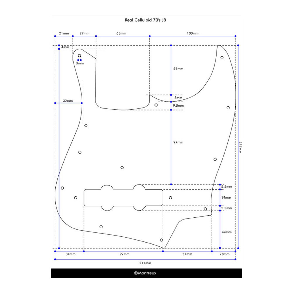 Montreux Real Celluloid 72 JB pickguard relic Retrovibe Parts No.255 ピックガード 寸法図
