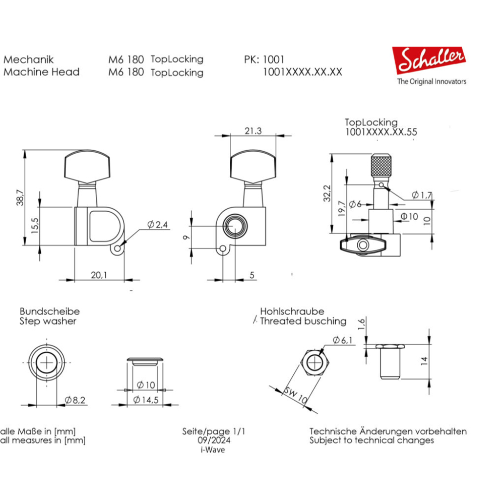 SCHALLER M6 180 TopLocking BC 3L3R Machine Heads ギター用ペグ 6個セット 寸法図画像