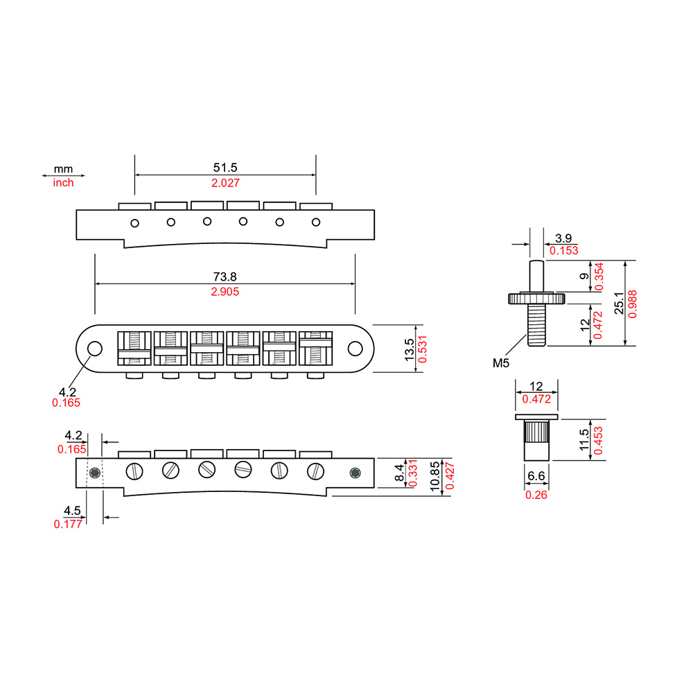 TonePros TP6-B Standard Tuneomatic Bridge ブラック ギター用ブリッジ 寸法図