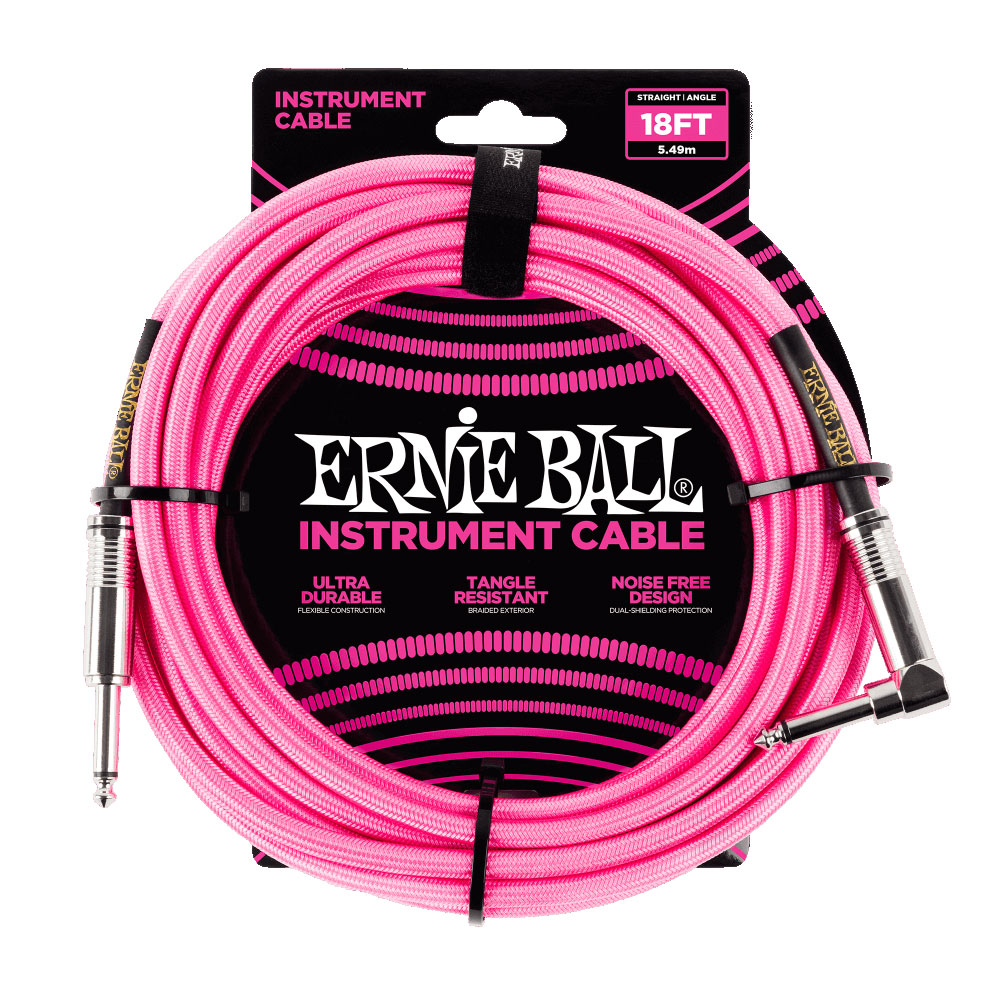 ERNIE BALL P06083 18’ INSTRUMENT CABLE BRAIDED STRAIGHT ANGLE NEON PINK ギターケーブル