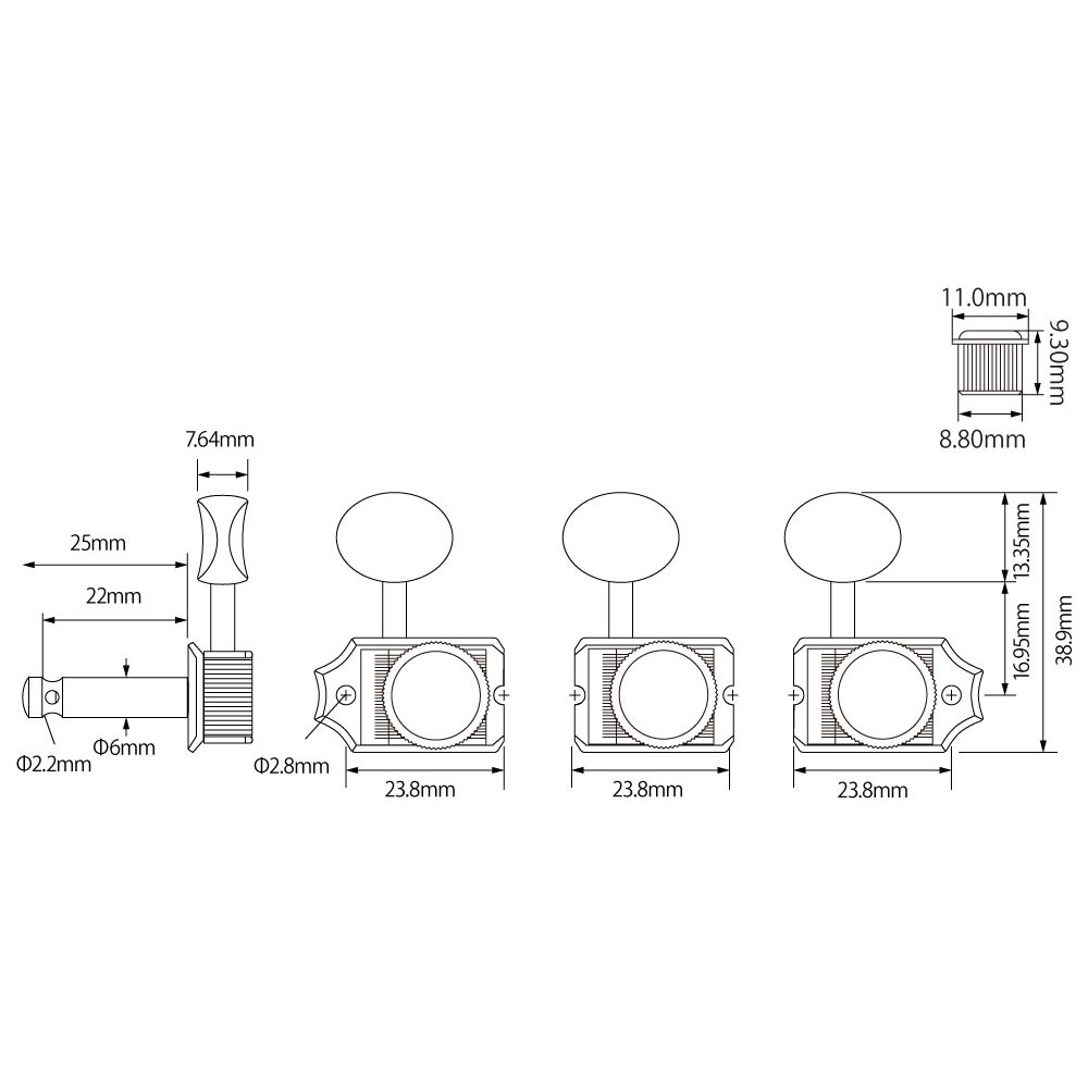 GROVER 533N6 Nickel 6-in-line Vintage Locking 533 Series ギター用ペグ 寸法画像 サイズ詳細画像 イラスト
