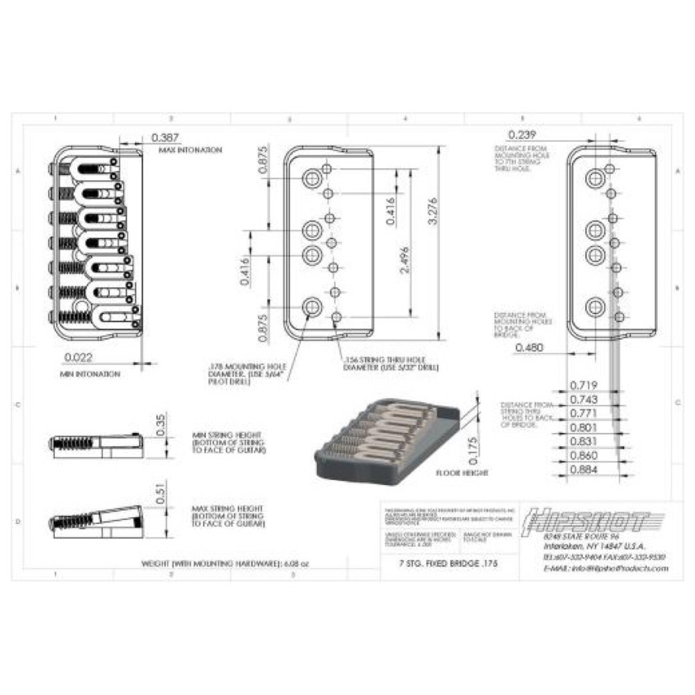 HIPSHOT 7 String Fixed Guitar Bridge Chrome 0.175 7弦ギター用ブリッジ サイズ表