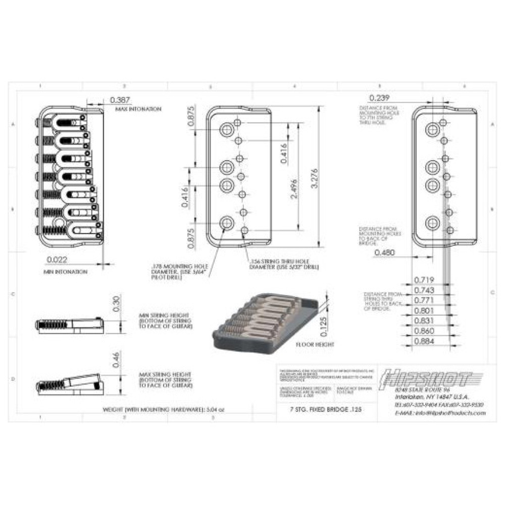 HIPSHOT 7 String Fixed Guitar Bridge Gold 0.125 7弦ギター用ブリッジ サイズ表