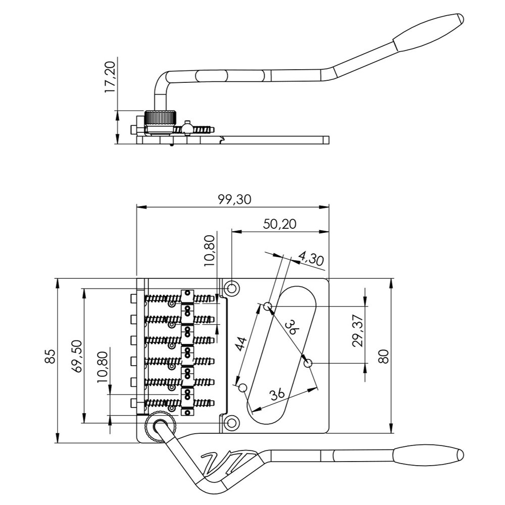 Vega-Trem ベガトレム VT2 Teletrem modern with VT Logo arm テレキャスター用ブリッジ 寸法図