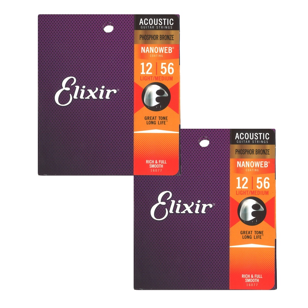 ELIXIR エリクサー 16077 2Pack PHOSPHOR BRONZE NANOWEB Light-Medium 12-56 アコースティックギター弦 2セットパック