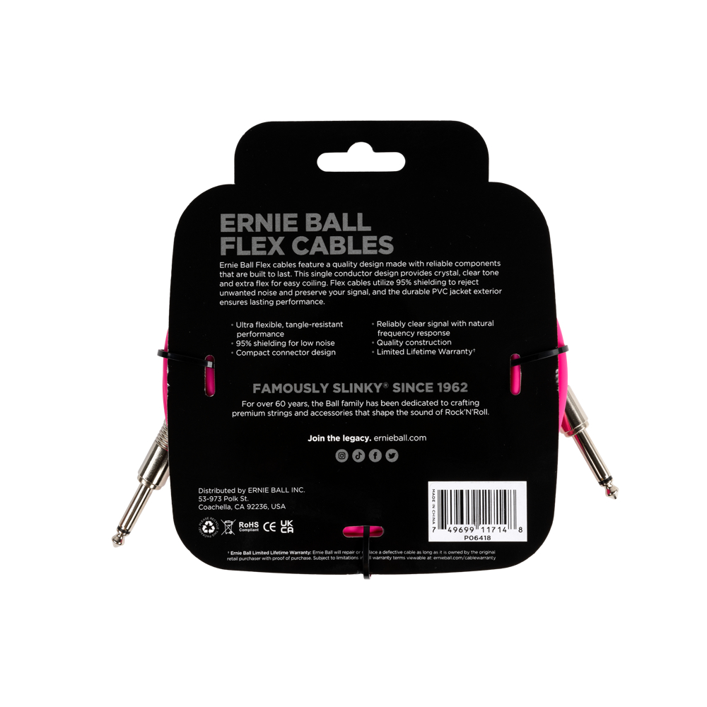 ERNIE BALL アニーボール EB 6418 FLEX CABLE 20’ SS  PK 20フィート（約6メートル） 両側ストレートプラグ ピンク ギターケーブル パッケージ裏