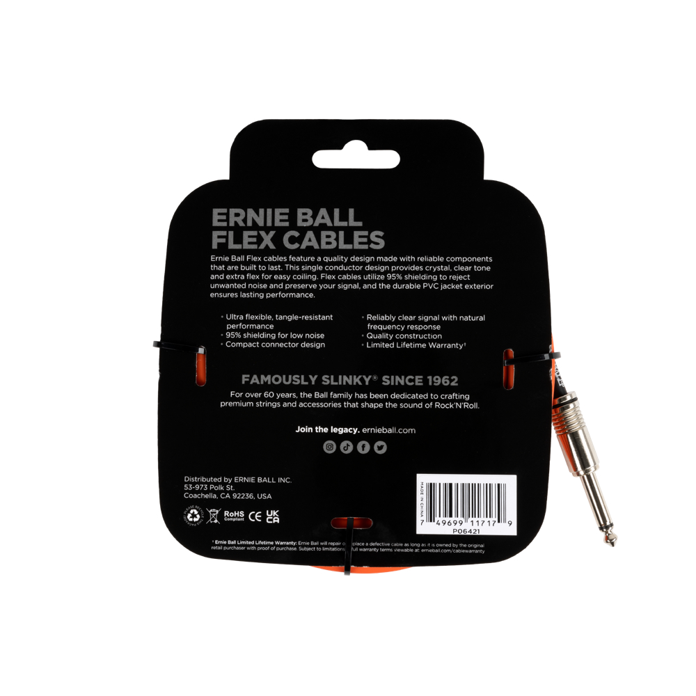 ERNIE BALL アニーボール EB 6421 FLEX CABLE 20’ SS  OR 20フィート（約6メートル） 両側ストレートプラグ オレンジ ギターケーブル パッケージ裏