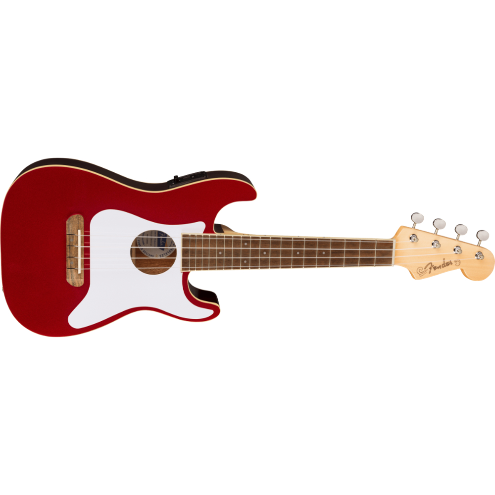 Fender フェンダー Fullerton Strat Uke Walnut Fingerboard White Pickguard Candy Apple Red コンサートサイズ エレクトリックウクレレ ボディトップ画像