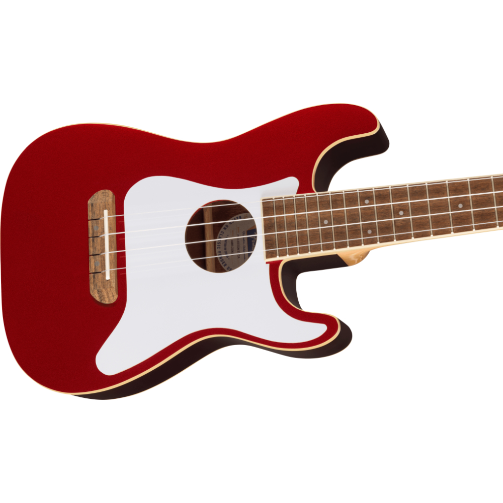 Fender フェンダー Fullerton Strat Uke Walnut Fingerboard White Pickguard Candy Apple Red コンサートサイズ エレクトリックウクレレ ボディトップ画像