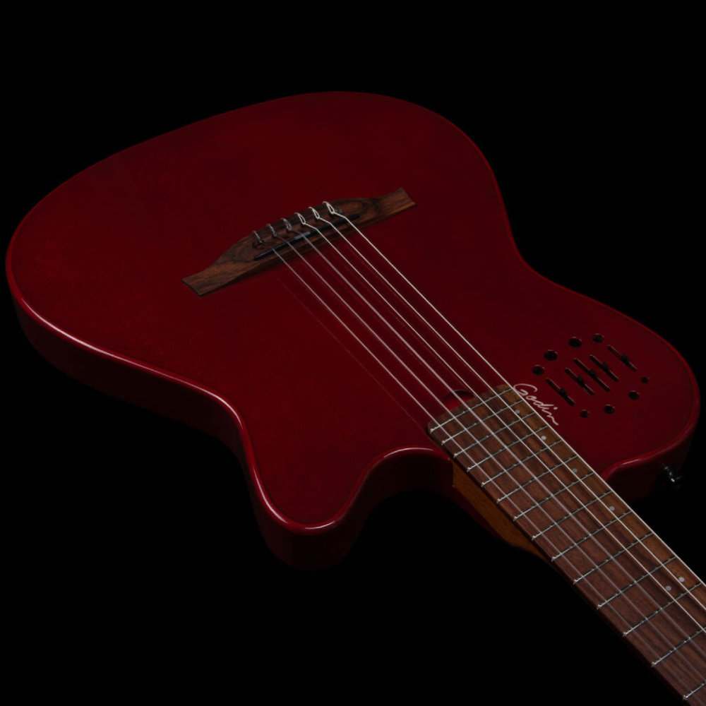 Godin ゴダン Multiac Mundial Aztek Red ナイロンギター カッタウェイ側サイド、トップ