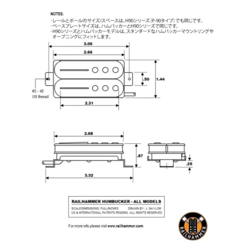 Railhammer Pickups レールハンマーピックアップス Hyper Vintage Black Set ブリッジ ネックセット ハムバッカー エレキギター ピックアップ サイズ表