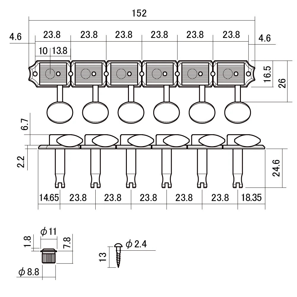 SCUD スカッド 21333NS-VTR Vintage Tone Revival ギター用ペグ ニッケル サイズ図画像