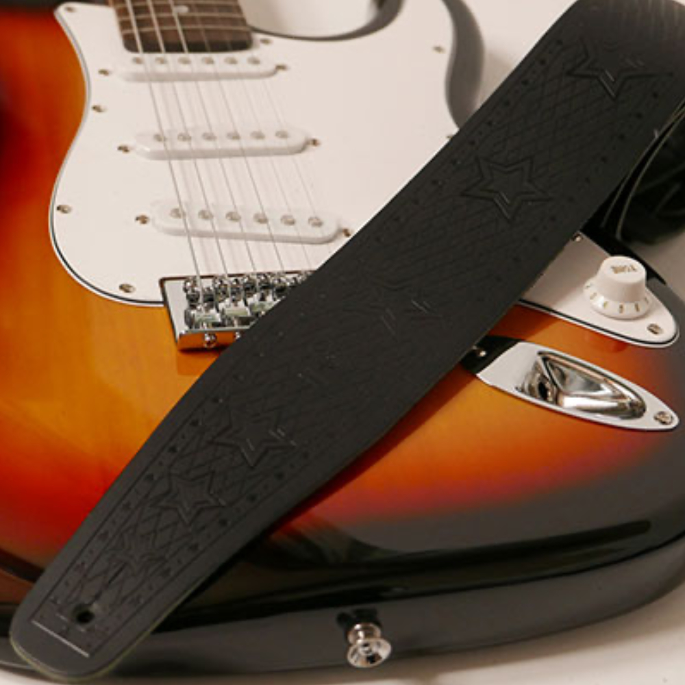 Perri's ペリーズ P25FE-6901 2.5インチ Black Belt Leather STARS 革 ギターストラップ(エンボス加工  ブラック 黒のコットン生地に刺繍のワンポイント) | web総合楽器店 chuya-online.com