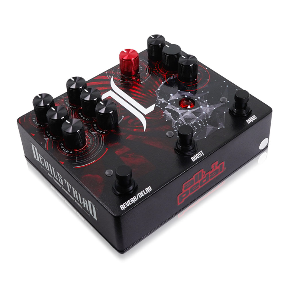 All-Pedal オールペダル Devils Triad マルチエフェクター ディストーション ブースター ディレイ リバーブ ギターエフェクター 斜めアングル画像