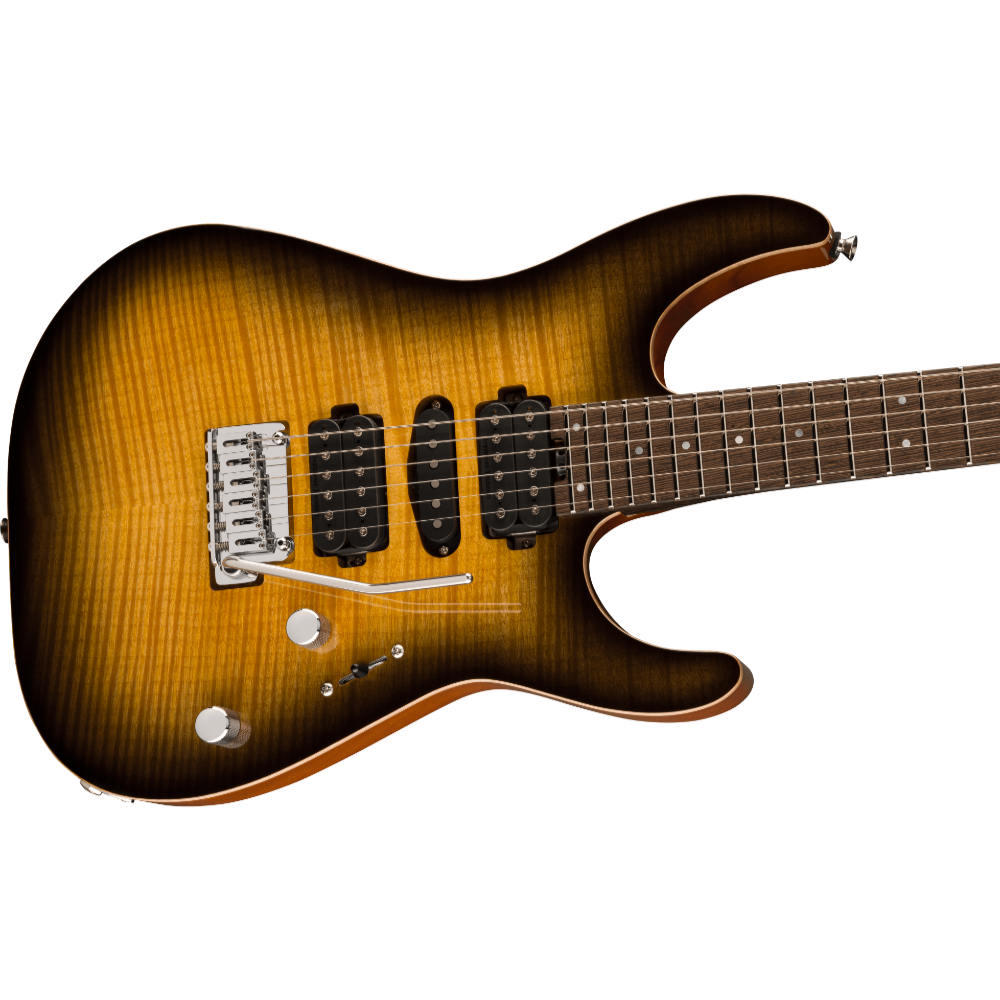 Charvel シャーベル MJ DK24 HSH 2PT W Mahogany with Flame Maple Antique Burst JP エレキギター ボディ斜めアングル画像