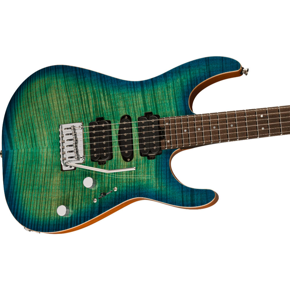 Charvel シャーベル MJ DK24 HSH 2PT W Mahogany with Flame Maple Caribbean Burst JP エレキギター ボディ斜めアングル画像