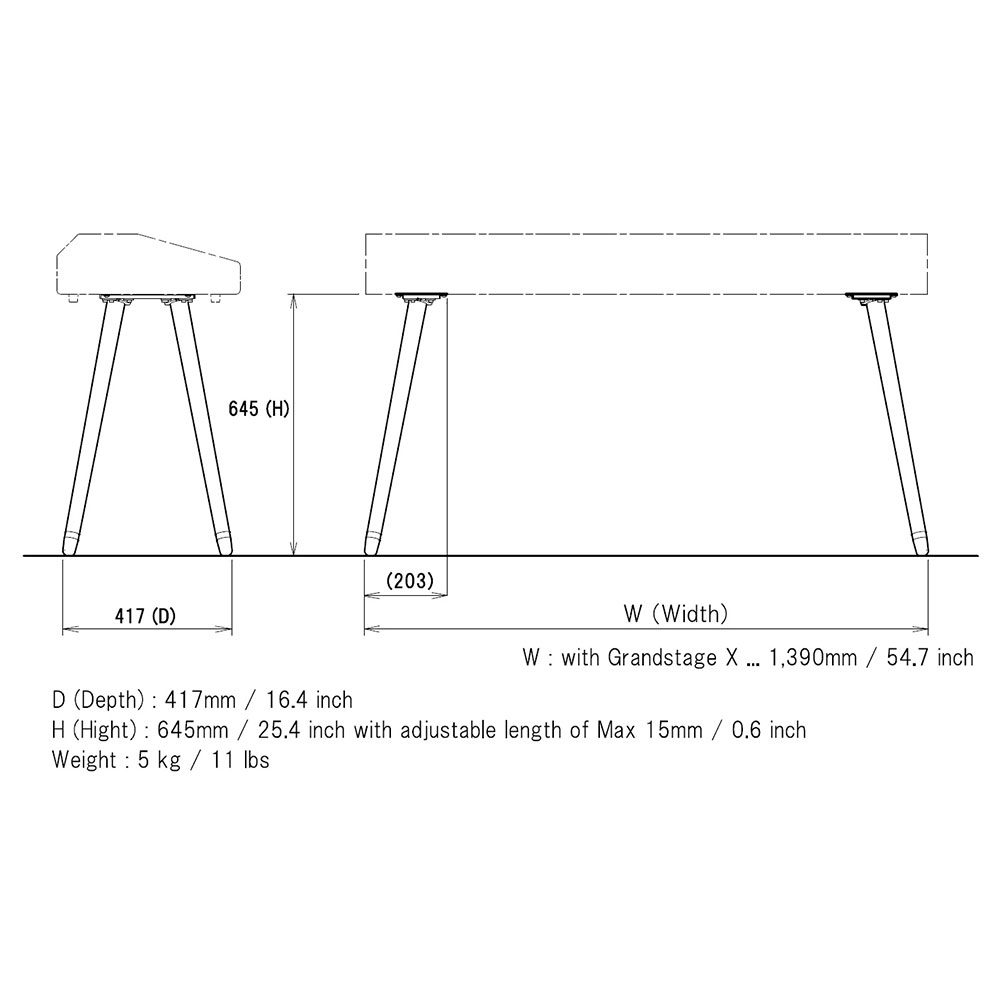 SEQUENZ グランステージ専用スタンド ST-WGS シーケンツ キーボードスタンド ピアノスタンド 寸法図