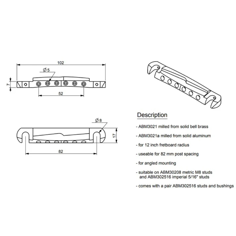 ABM エービーエム ABM3021N ラップアラウンドブリッジ ニッケル 寸法図画像