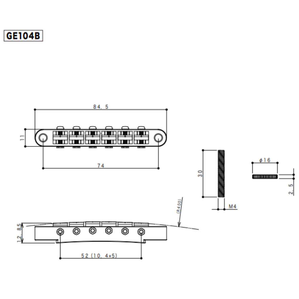 ゴトー GOTOH GE104B RELIC ギター用ブリッジ エイジドニッケル サイズ詳細